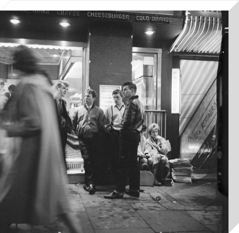 A group of 'teddy boys' outside a burger bar 1962