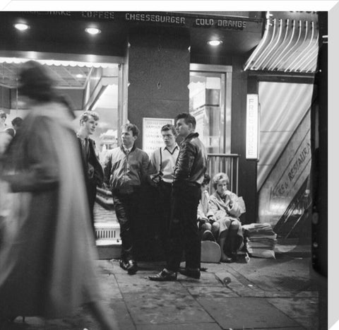 A group of 'teddy boys' outside a burger bar 1962