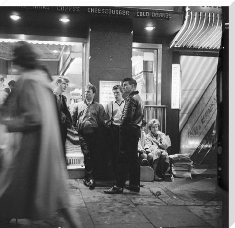 A group of 'teddy boys' outside a burger bar 1962