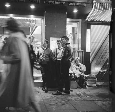 A group of 'teddy boys' outside a burger bar 1962