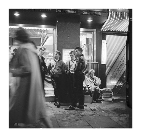 A group of 'teddy boys' outside a burger bar 1962