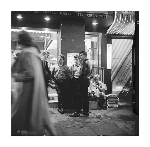 A group of 'teddy boys' outside a burger bar 1962