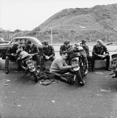 Bikers outside the Ace Caf√© North Circular Road 1963