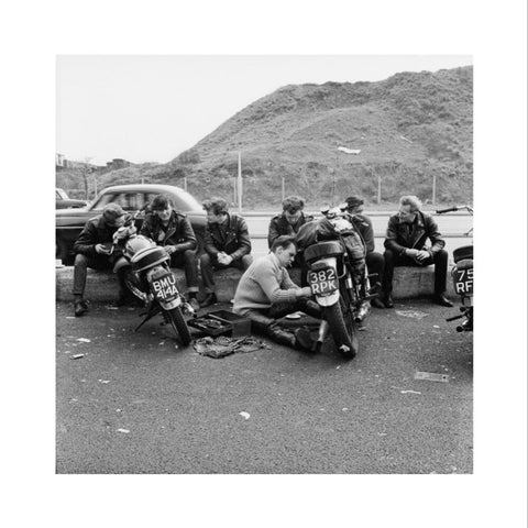 Bikers outside the Ace Caf√© North Circular Road 1963