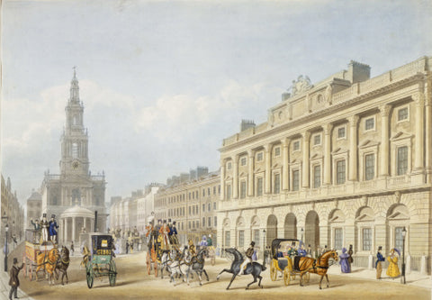 Exterior view of Somerset House and Church of St Mary le Strand 1818