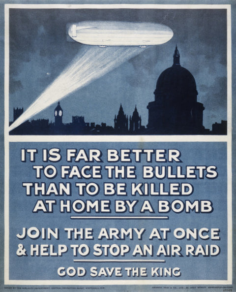 Poster with a Zeppelin over London skyline 20th century