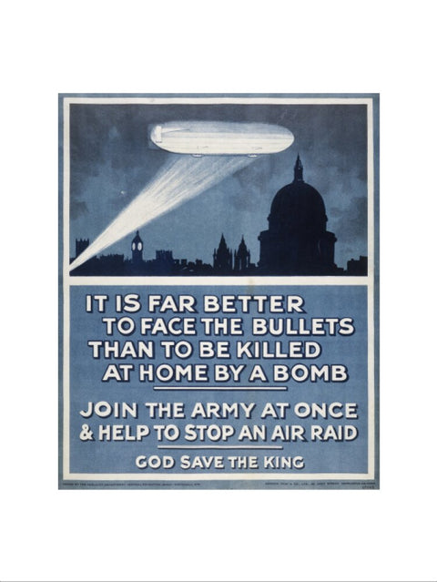 Poster with a Zeppelin over London skyline 20th century