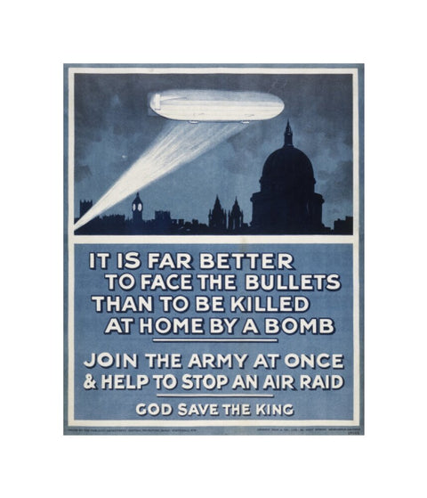 Poster with a Zeppelin over London skyline 20th century