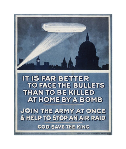 Poster with a Zeppelin over London skyline 20th century