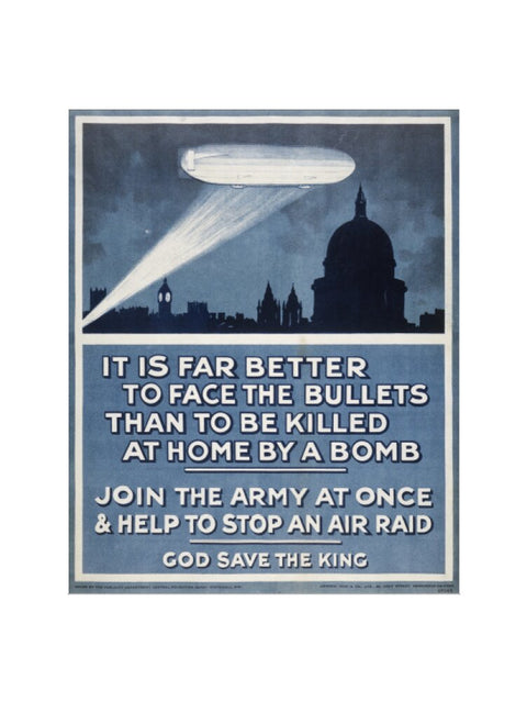 Poster with a Zeppelin over London skyline 20th century