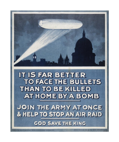 Poster with a Zeppelin over London skyline 20th century