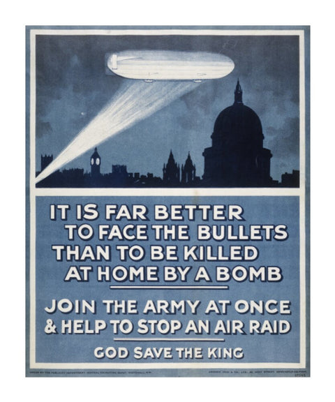 Poster with a Zeppelin over London skyline 20th century