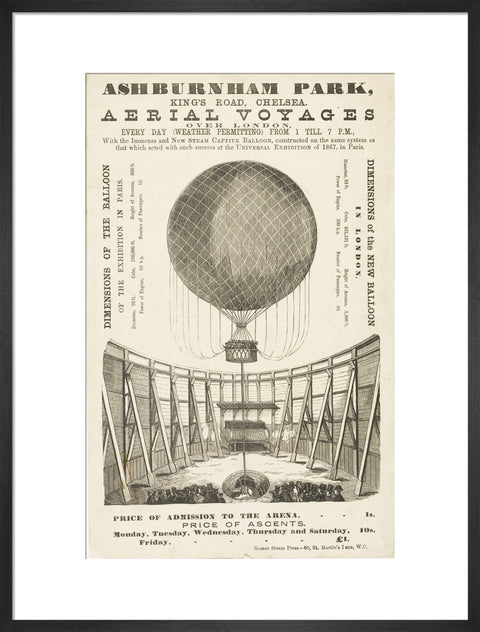 A poster advertising the 'New Steam Captive Balloon' 1868-1870
