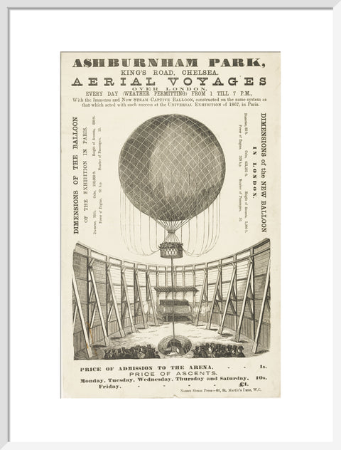 A poster advertising the 'New Steam Captive Balloon' 1868-1870