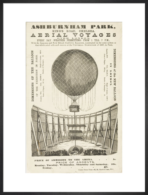 A poster advertising the 'New Steam Captive Balloon' 1868-1870