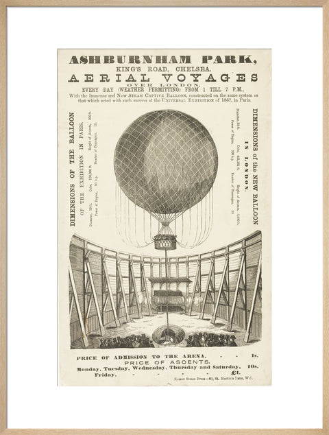 A poster advertising the 'New Steam Captive Balloon' 1868-1870