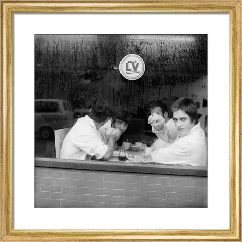Four men in a cafe in Smithfield Market. c.1965