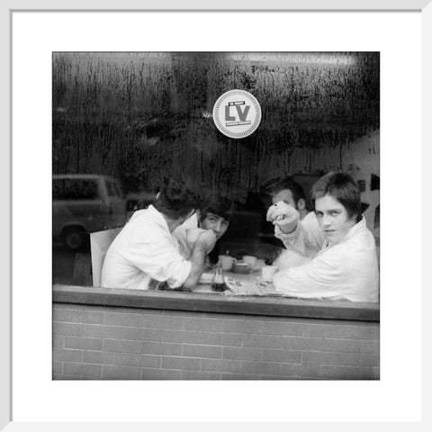 Four men in a cafe in Smithfield Market. c.1965
