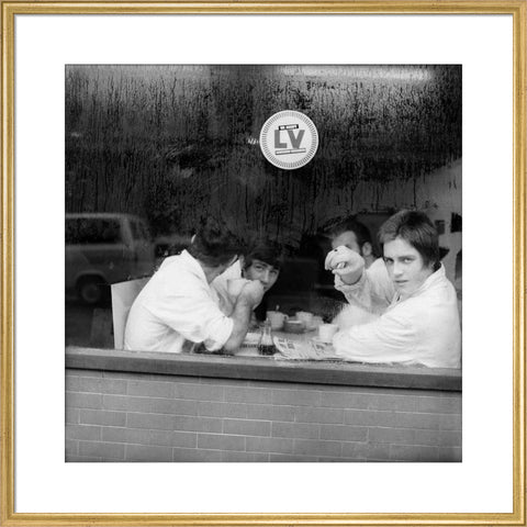 Four men in a cafe in Smithfield Market. c.1965