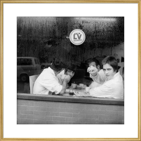 Four men in a cafe in Smithfield Market. c.1965