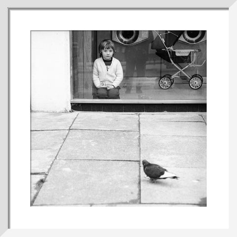 Boy watching a pigeon in Boreham Wood c.1965