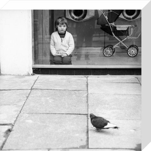 Boy watching a pigeon in Boreham Wood c.1965