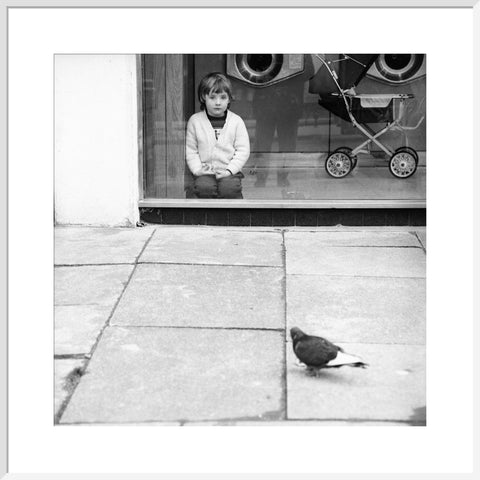 Boy watching a pigeon in Boreham Wood c.1965