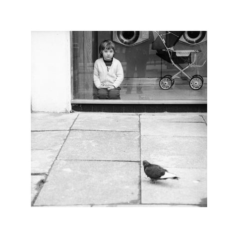 Boy watching a pigeon in Boreham Wood c.1965