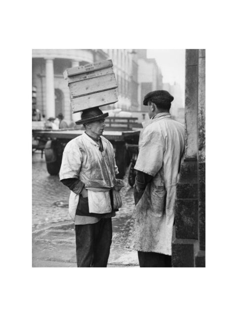 Two men in conversation outside Billingsgate Fish Market 1958