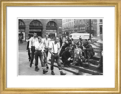 Group of skinheads & hippies in Piccadilly Circus 1969