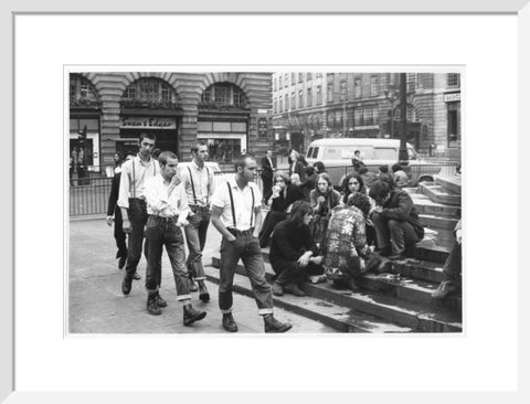 Group of skinheads & hippies in Piccadilly Circus 1969