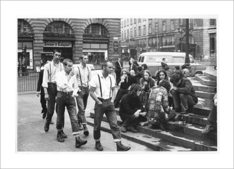 Group of skinheads & hippies in Piccadilly Circus 1969