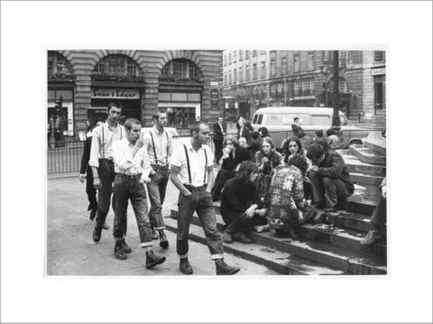 Group of skinheads & hippies in Piccadilly Circus 1969