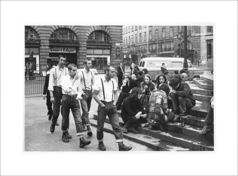 Group of skinheads & hippies in Piccadilly Circus 1969