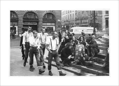 Group of skinheads & hippies in Piccadilly Circus 1969