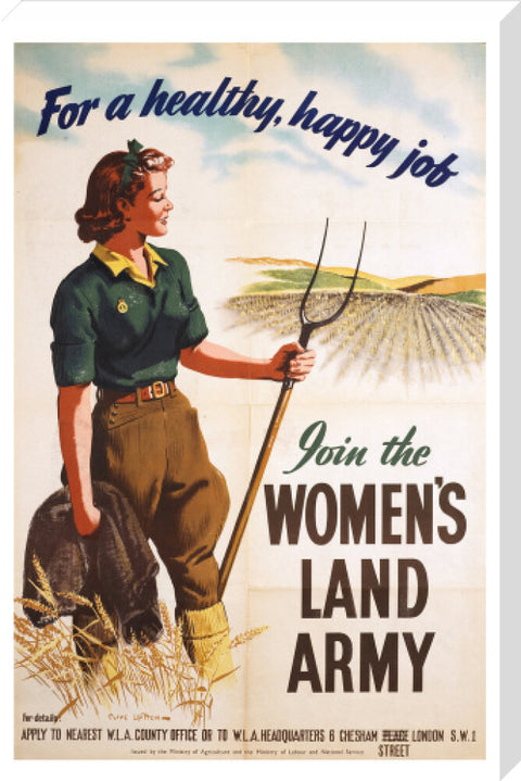 Poster of a women in land army uniform carrying a hoe c 1939