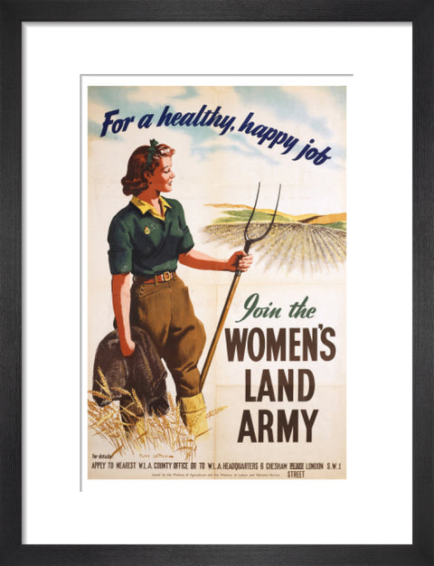 Poster of a women in land army uniform carrying a hoe c 1939