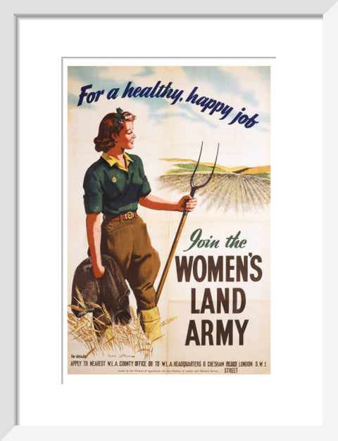 Poster of a women in land army uniform carrying a hoe c 1939