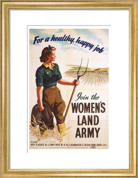 Poster of a women in land army uniform carrying a hoe c 1939