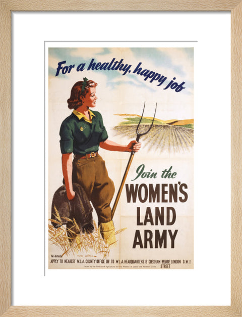 Poster of a women in land army uniform carrying a hoe c 1939