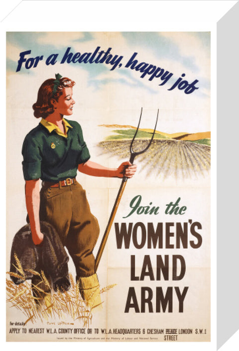 Poster of a women in land army uniform carrying a hoe c 1939