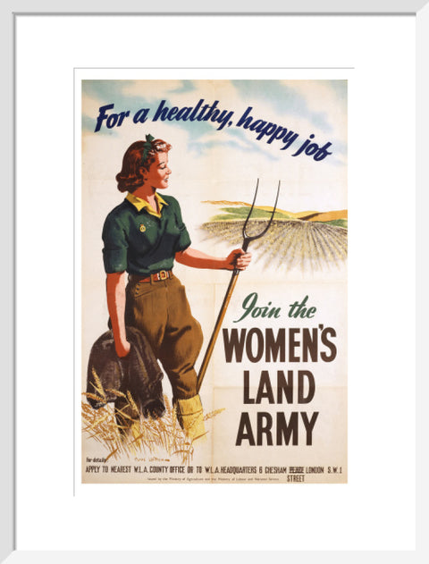 Poster of a women in land army uniform carrying a hoe c 1939