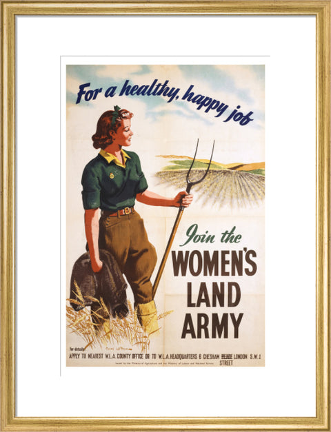 Poster of a women in land army uniform carrying a hoe c 1939