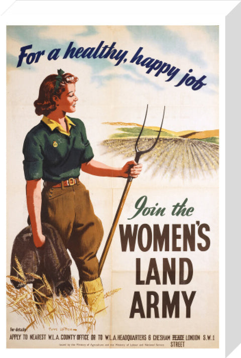 Poster of a women in land army uniform carrying a hoe c 1939