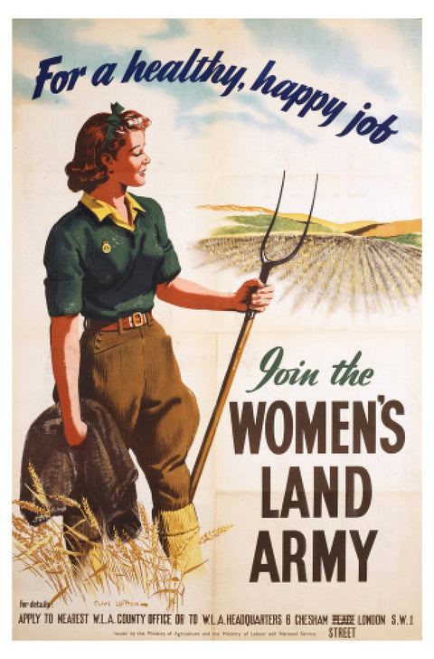 Poster of a women in land army uniform carrying a hoe c 1939