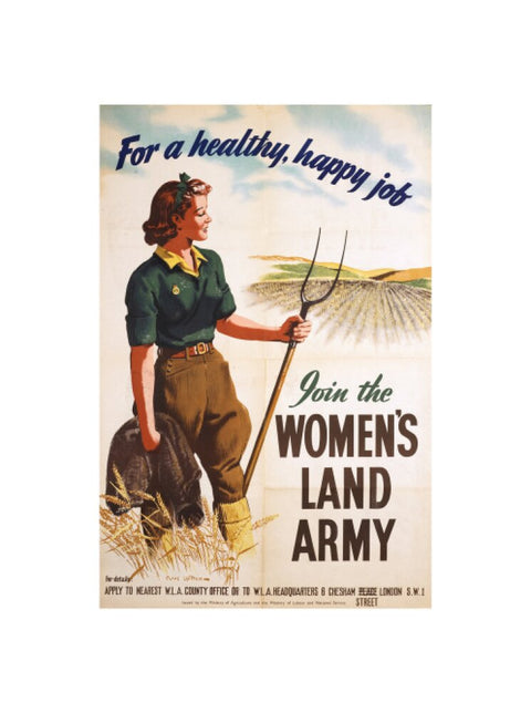 Poster of a women in land army uniform carrying a hoe c 1939