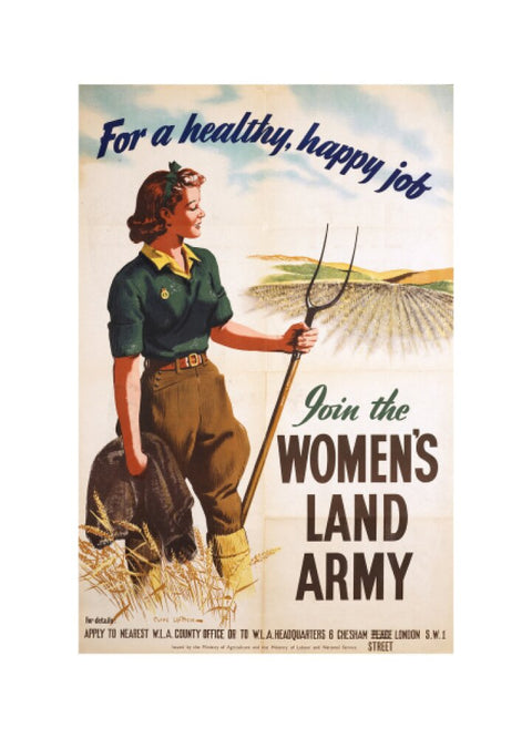 Poster of a women in land army uniform carrying a hoe c 1939