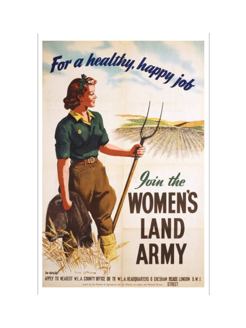 Poster of a women in land army uniform carrying a hoe c 1939