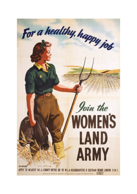 Poster of a women in land army uniform carrying a hoe c 1939