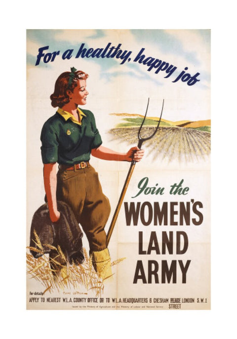 Poster of a women in land army uniform carrying a hoe c 1939